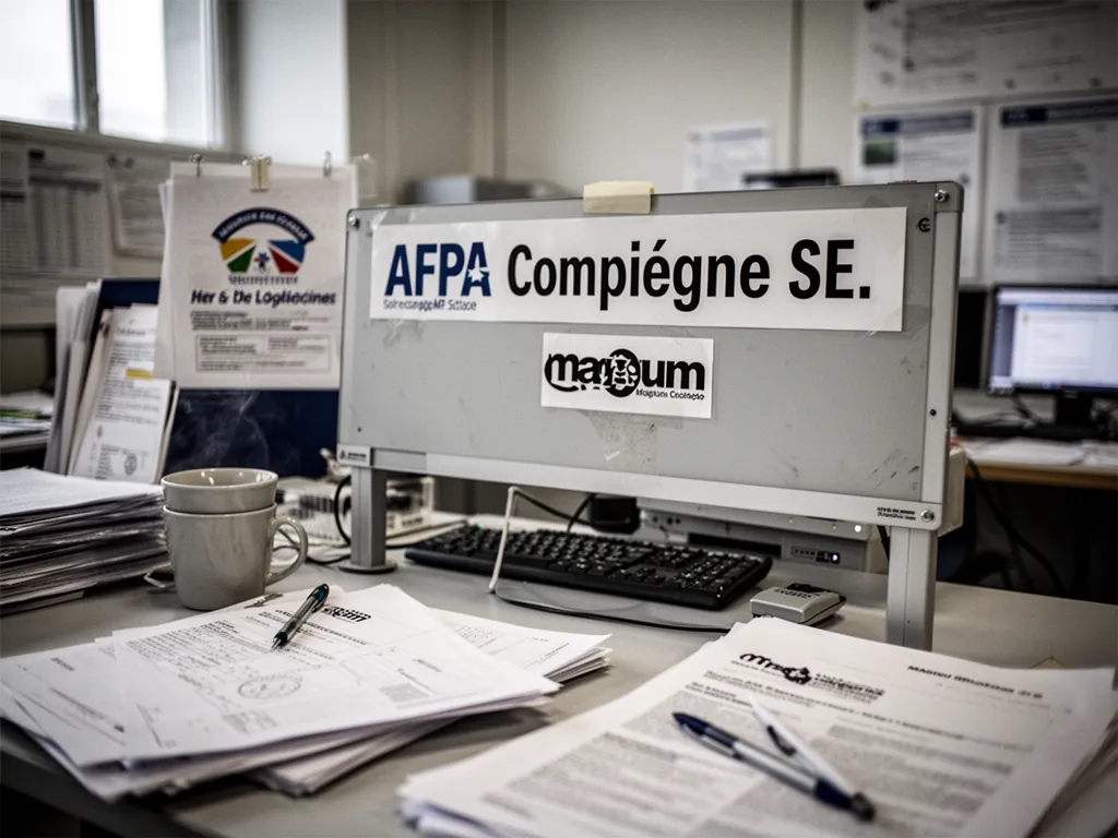 Façade d’un centre de formation avec panneaux d’accueil, parking et apprenants entrant dans le bâtiment
