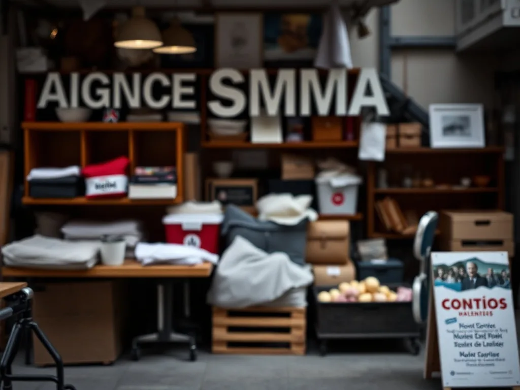 Écran d’ordinateur affichant un tableau de bord marketing avec des icônes de réseaux sociaux et une tasse de café, évoquant une formation pour agence SMMA