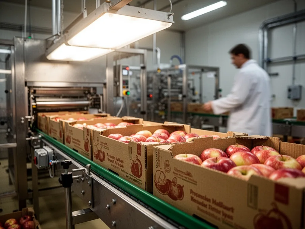 A conveyor belt carrying cardboard boxes of fresh apples through a food processing facility, bright overhead LED lights,