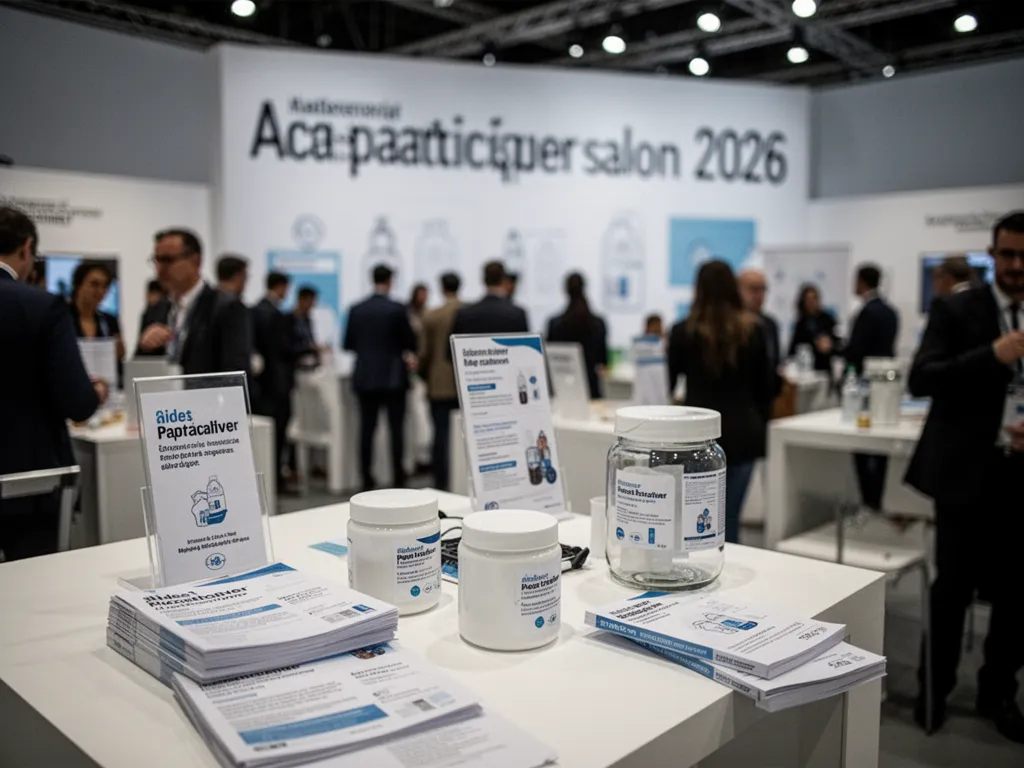 Équipe d’entreprise préparant un stand pour un salon professionnel avec documents, plans et badges d’exposition