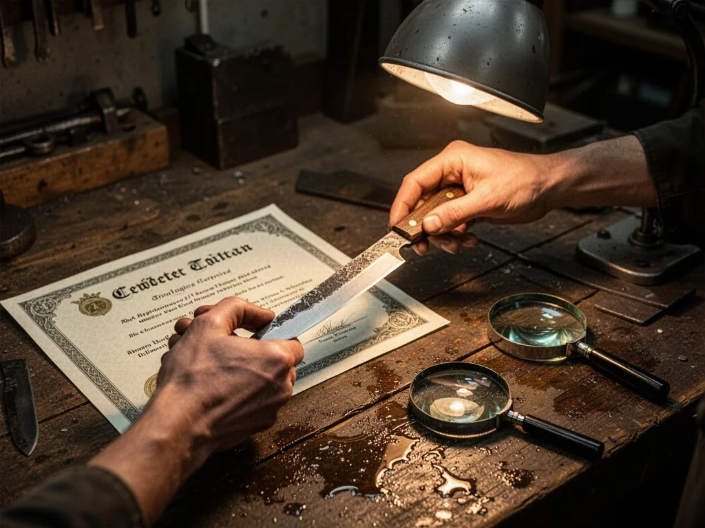 A pair of hands inspecting a forged knife blade under a work lamp, a printed certificate and a magnifying glass resting 