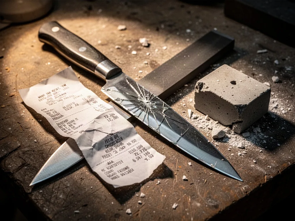 A cracked knife blade lying beside a torn receipt and a broken whetstone, close-up on a dusty workbench, hard direct lig