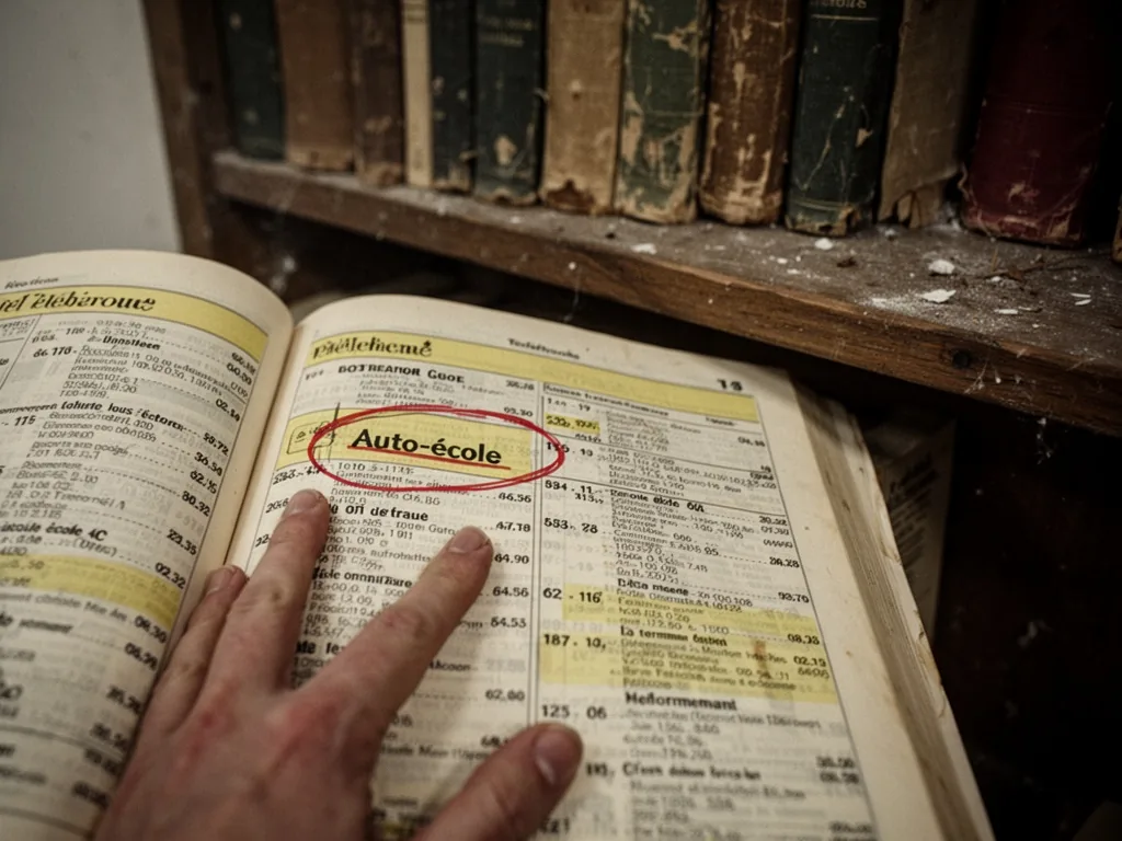 A yellowed telephone directory page open to a circled auto-école listing, thumb pressed on the page, dusty wooden shelf
