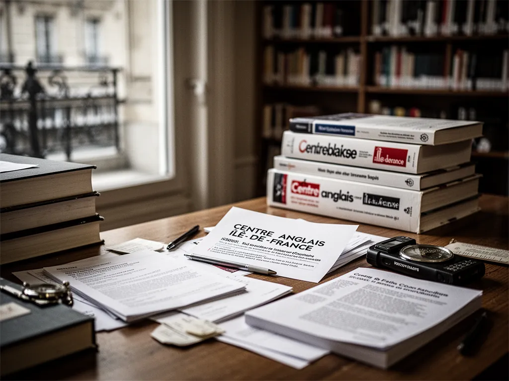 Salle de formation en langues à Paris, écran interactif, petit groupe d'adultes en situation professionnelle, formateur natif debout