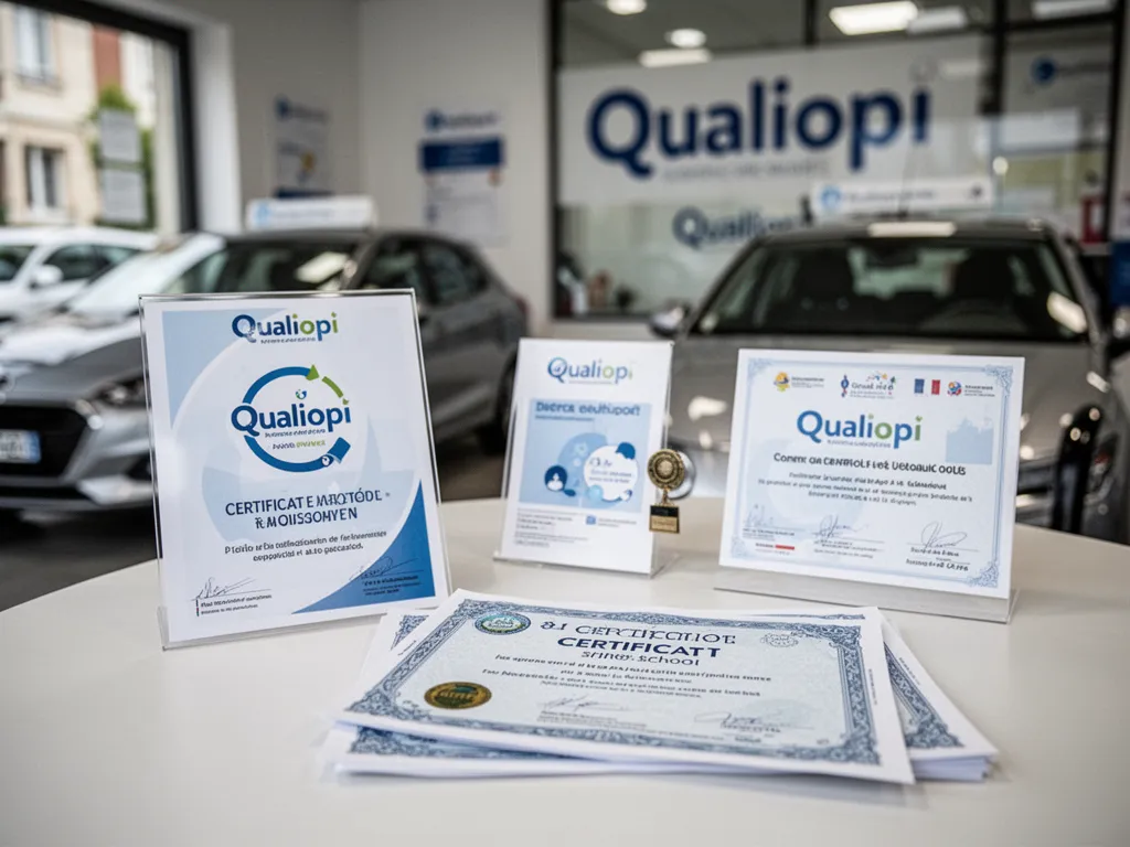 Moniteur d’auto-école avec une élève dans un véhicule d’apprentissage et des documents de conformité sur un bureau