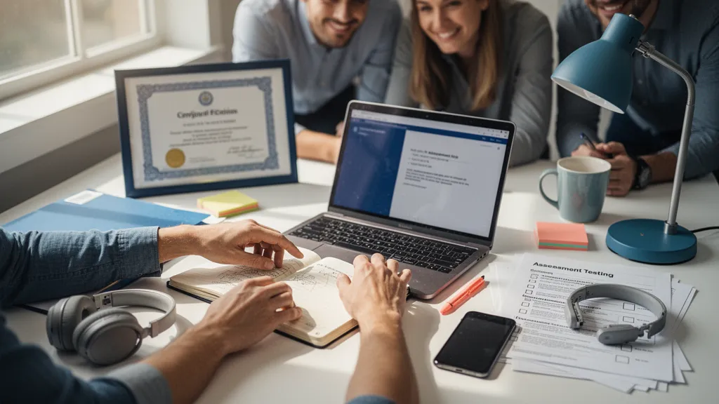 Personne suivant un cours d'anglais en ligne sur un ordinateur avec des notes et un test de niveau
