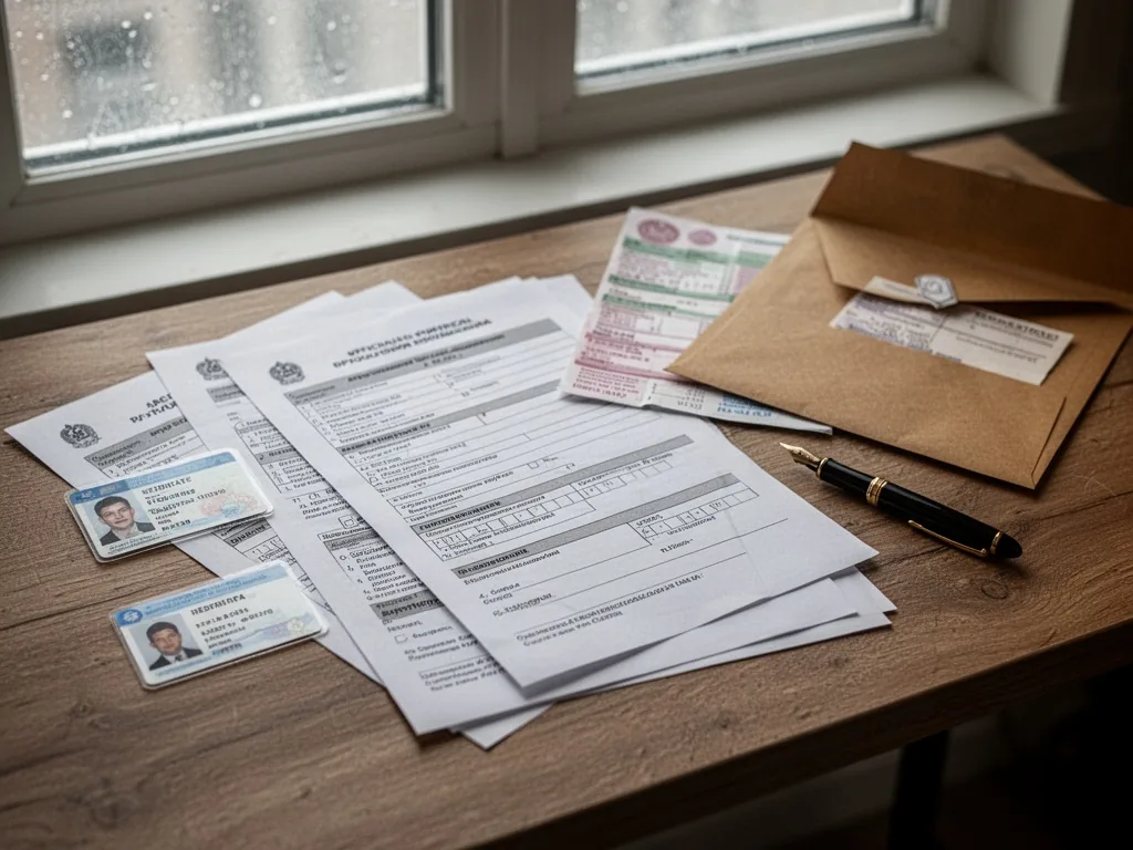 Official application forms spread across a wooden desk beside an identity card, bank statements, a brown envelope, and a