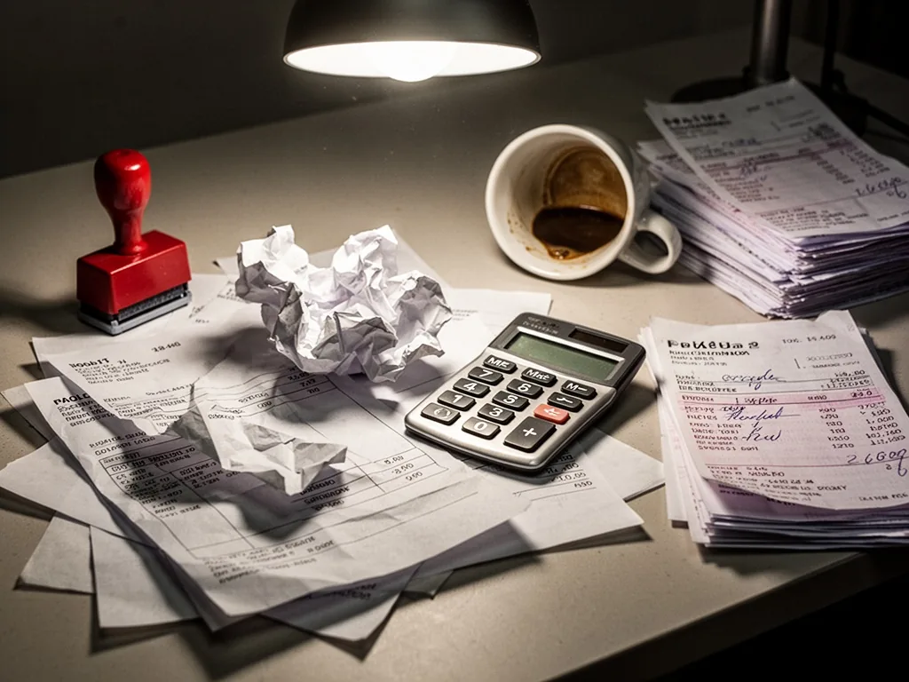 Crumpled invoices and a calculator on a cluttered desk beside a red rubber stamp, an overturned coffee cup, and a stack
