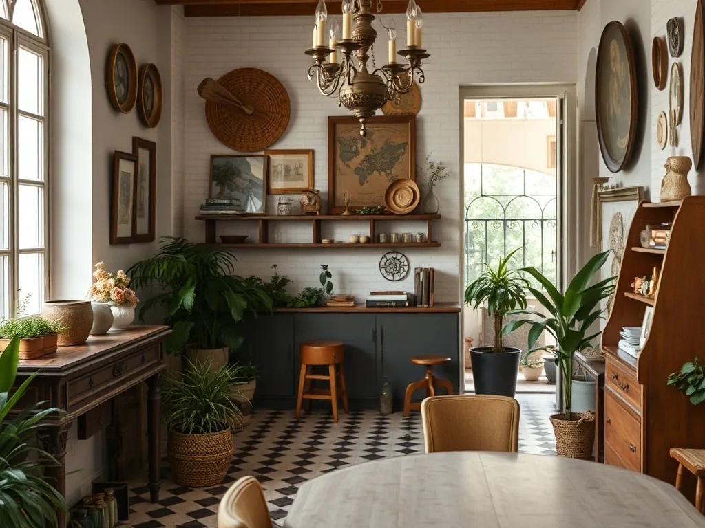 Intérieur provençal contemporain avec du mobilier en bois clair, un grand miroir en rotin, des céramiques artisanales et une suspension en verre chinée dans une boutique d'Aix-en-Provence