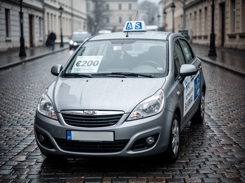 A driving school car with a price tag on its windshield, parked on a wet cobblestone street, soft overcast light, muted 