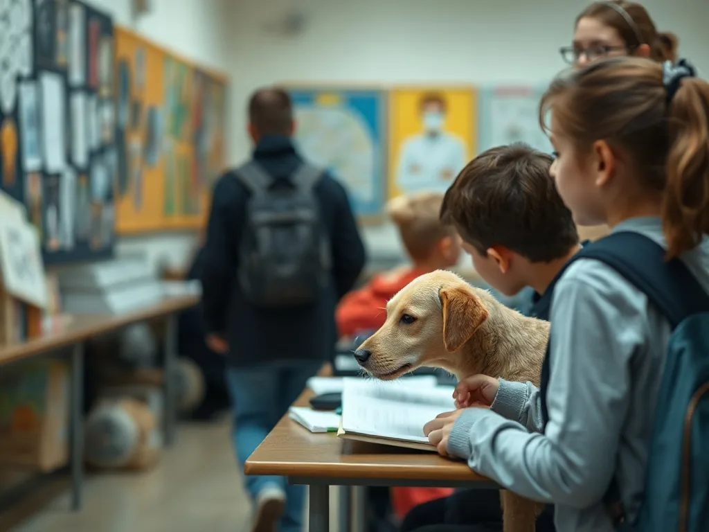 Un élève en tenue de travail apprend à manipuler un furet sous la supervision d’un soigneur dans une salle dédiée aux petits mammifères.