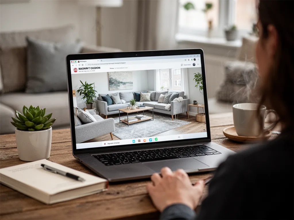 Personne suivant une formation de home staging sur ordinateur avec plan d’aménagement, nuancier et carnet de notes