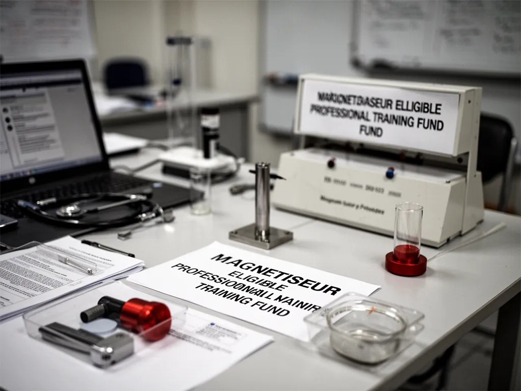 Personne consultant une fiche de formation sur un écran, avec des documents administratifs à côté