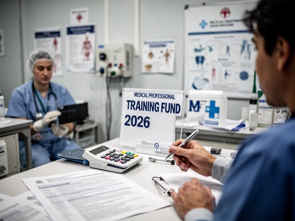 Professionnelle de santé consultant une plateforme de formation sur ordinateur avec des documents administratifs et un carnet de notes