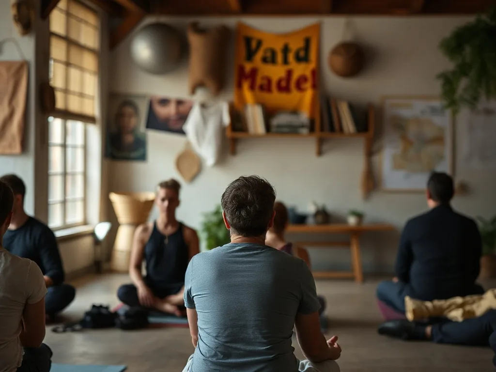 Groupe d'élèves en formation de professeur de yoga, assis en tailleur, prenant des notes dans un studio lumineux