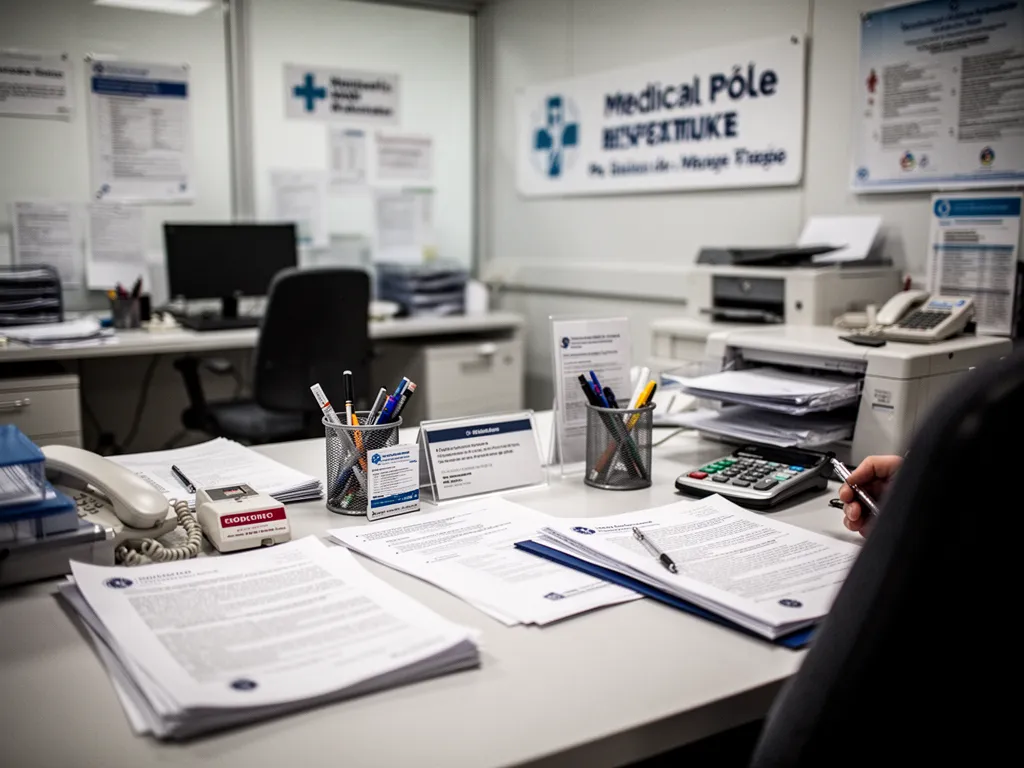 Personne consultant les offres de formation France Travail sur un écran, avec un dossier de demande d'aide et un classeur médical à côté