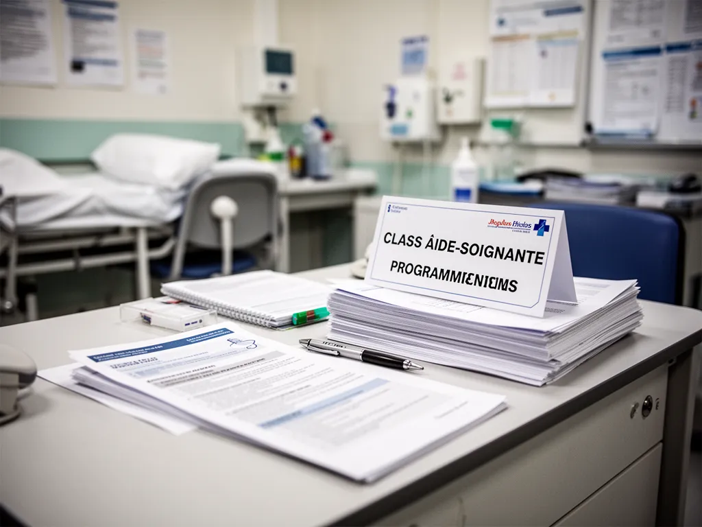 Groupe d'élèves aides-soignants en cours théorique, uniforme blanc, attentifs au formateur